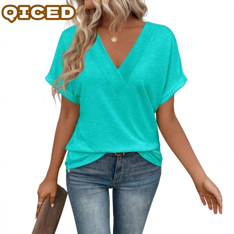 QICED Women's Fashion Casual Solid Color Print Short Sleeve V Neck Blouses & Shirts Unique Design