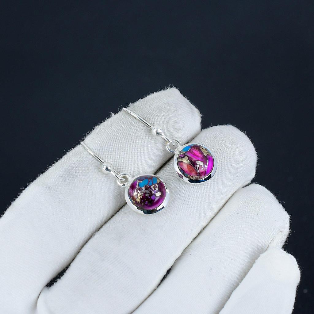 Natural Kingman Pink  Spiny Oyster Gemstone Earrings, 925 Sterling Silver Earring, Handmade Boho Silver Jewelry Dangle Earrings, Party Wear Gift