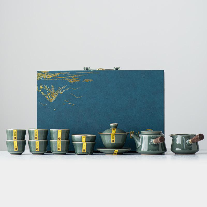 for Home Use, Brewing Gaiwan, Side Handle Teapot, Kung Fu Tea Set, Ru Kiln Crackle Glaze Ceramic Gift