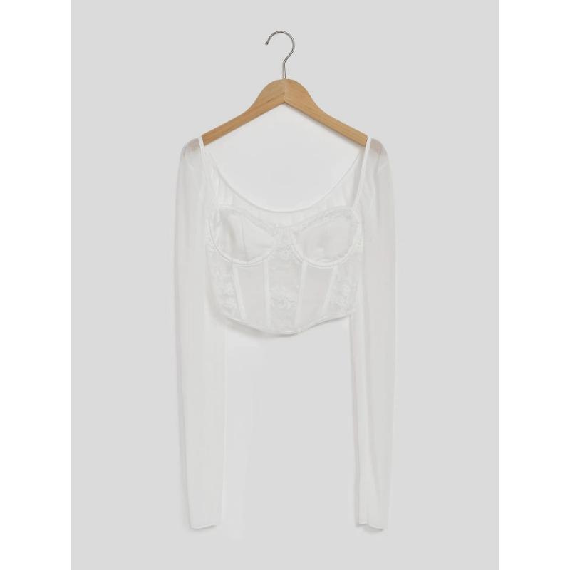 Women S Lace Mesh Panel Long Sleeve Square Neck Slim Fit Crop Top Vest