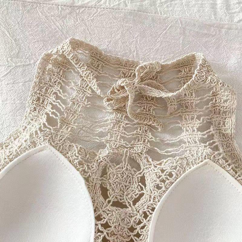 Bohemian Hollow Out Backless Halter Crop Top - Women's Sleeveless Summer Beach Camisole