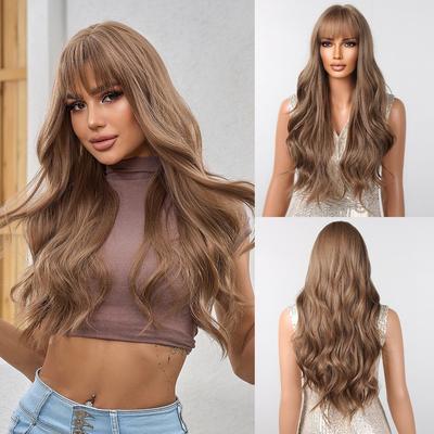 Style Temperament New Women'S Wig, Qi Bangs Gradually Change Brown Big Waves Long Curly Hair Fluffy Wig Cover Wig