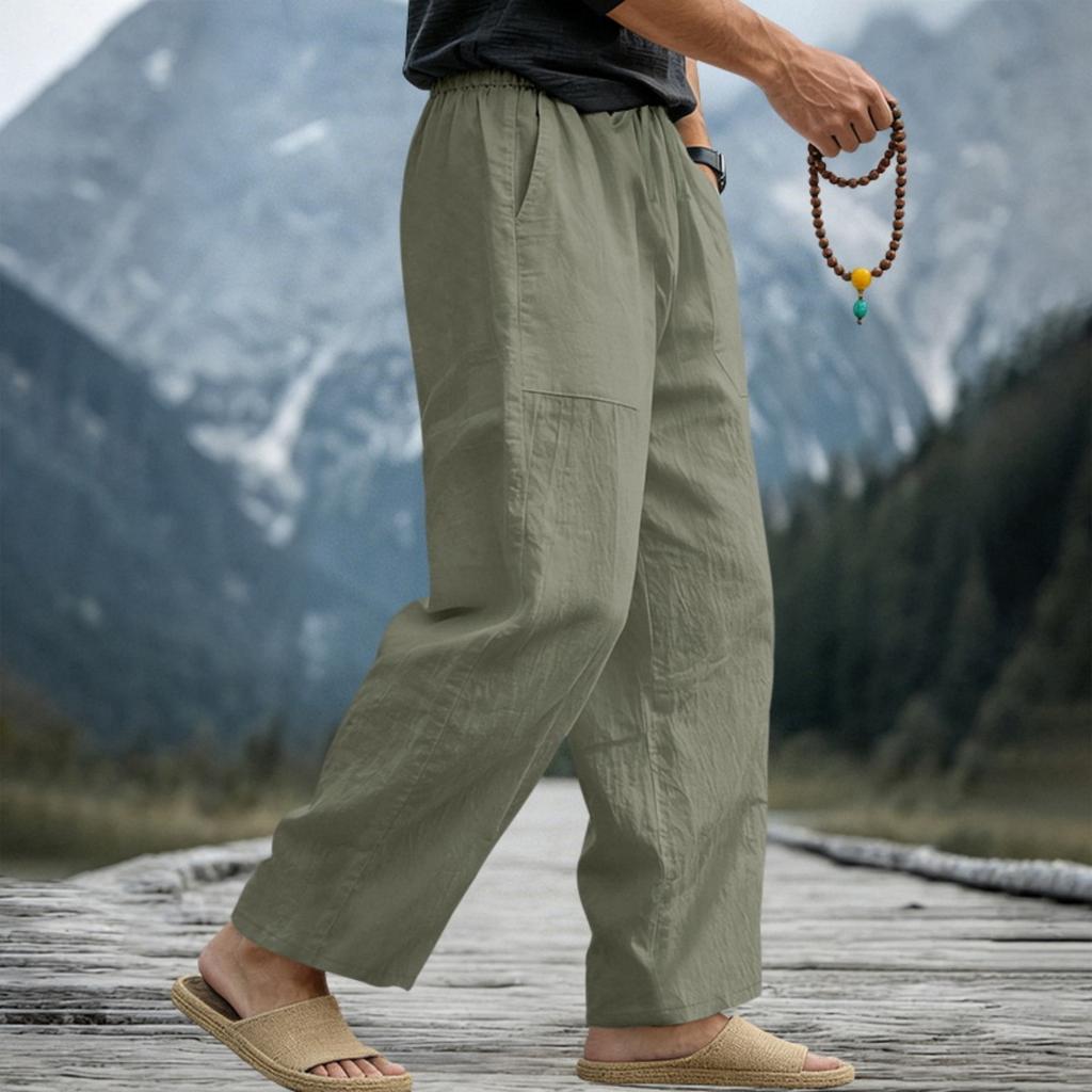 Men’s Loose Fit Linen Pants Breathable Sweat Absorbing Wide Leg Casual Trousers with Drawstring Waist Large Size for Daily Wear