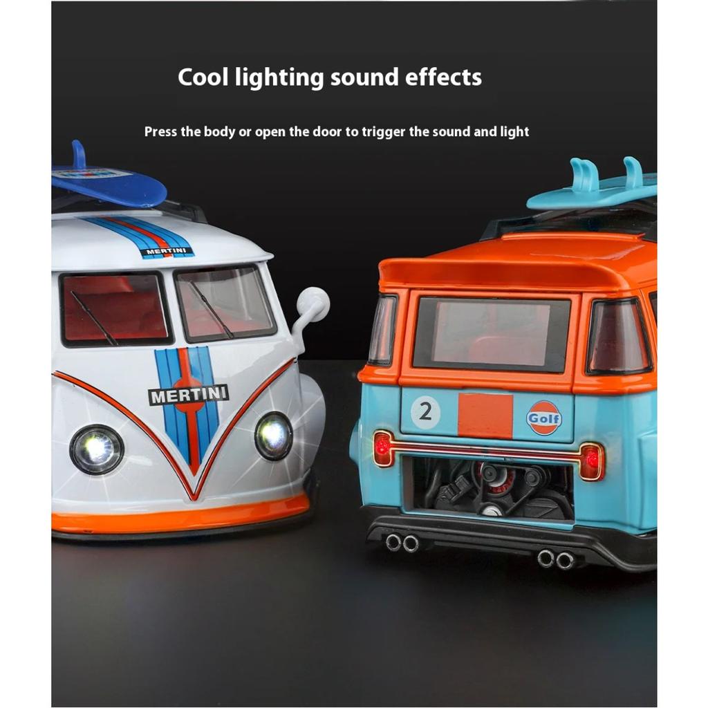 1/24 Volkswagen T1 Bus Gulf Oil Martini Low Ride Wide Body Modifiziert Legierung Metall Diecast Modellauto Sound & Licht Hobby Geschenke Junge