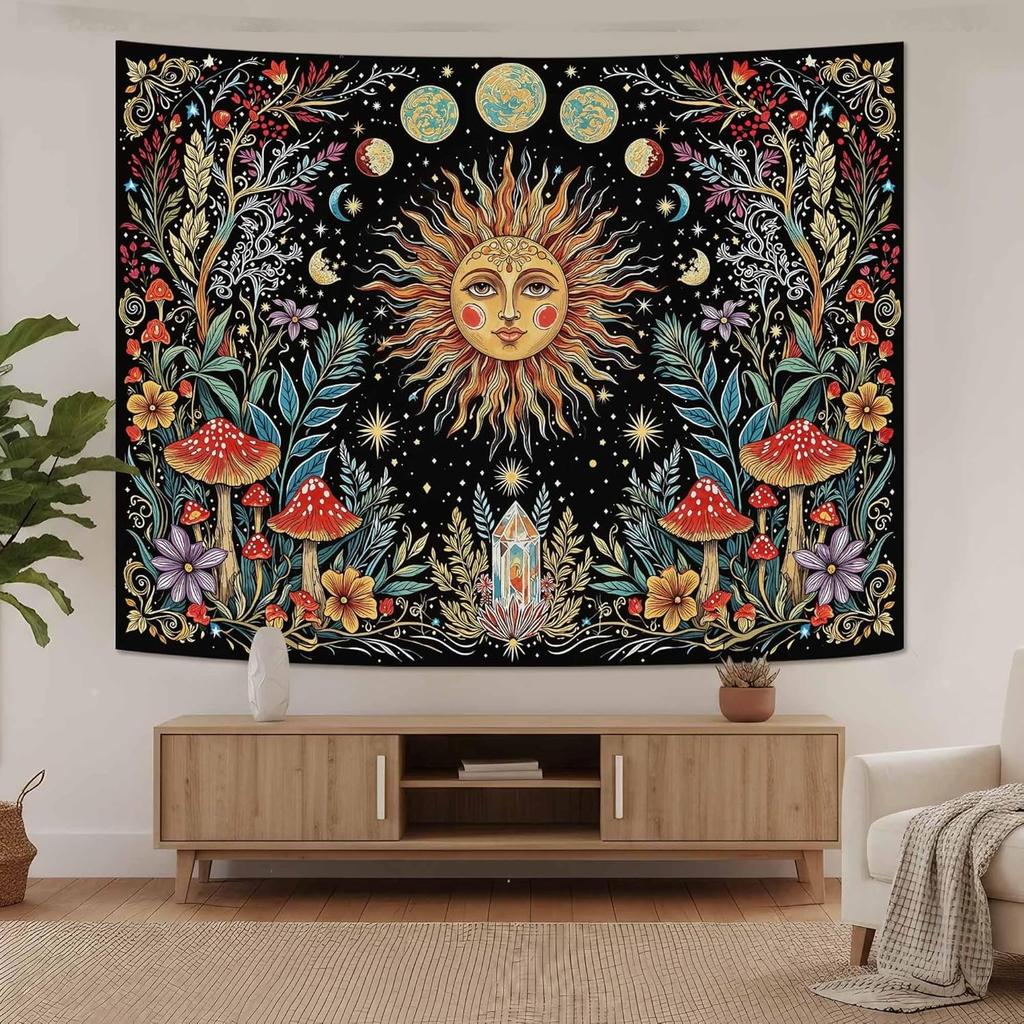 Sun and Moon Tapestry Used for Bedroom Hippies Bohemian Flower Plant Wall Tapestry Aesthetic Retro Galaxy Star Spirit Large Tape