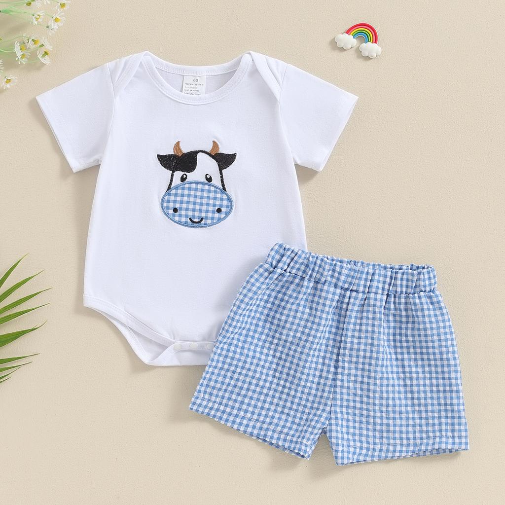 Baby 3-teiliges Frühlings-Outfit Kurzarm-Strampler + karierte Shorts + Stirnband-Set Säuglingskleidung