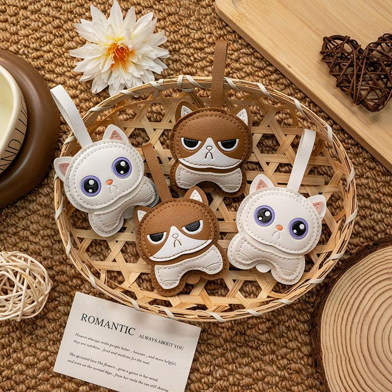 Cute Cartoon Cat Pu Leather Charm Kawaii Stitched Details For Bag Keychain Car Decor
