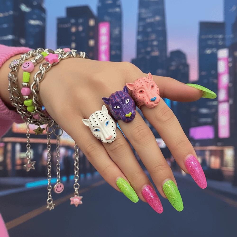 Metal Leopard Head Enamel Ring Wide Band Animal Ring Exaggerated Drip Ring Gifts for Women Girl