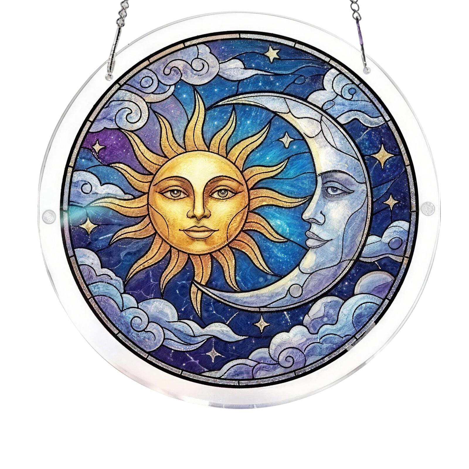 

Round Stained Glass Panel with Floral and Landscape Pattern Suncatcher Window Hanging Decoration for Home and Office One Size