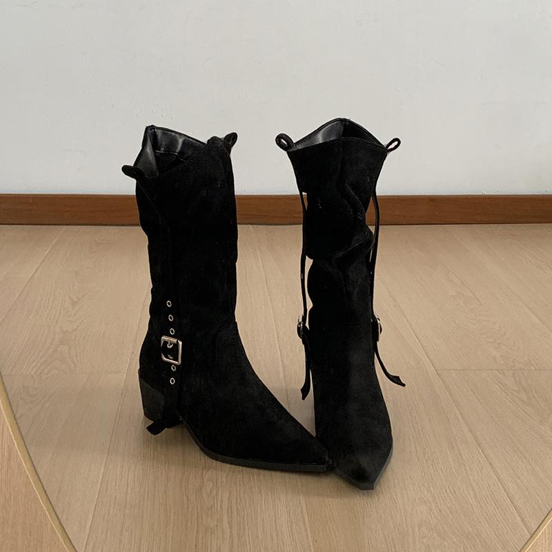 Fashion Autumn Pointed Toe Women Western Cowboy Boots Fashion Banquet Party Square Heels Knight Booties Shoes
