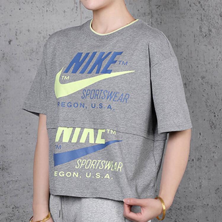 Nike Double Logo Patchwork Casual Short Sleeve T-Shirt Women Tops Grey CJ2041-091