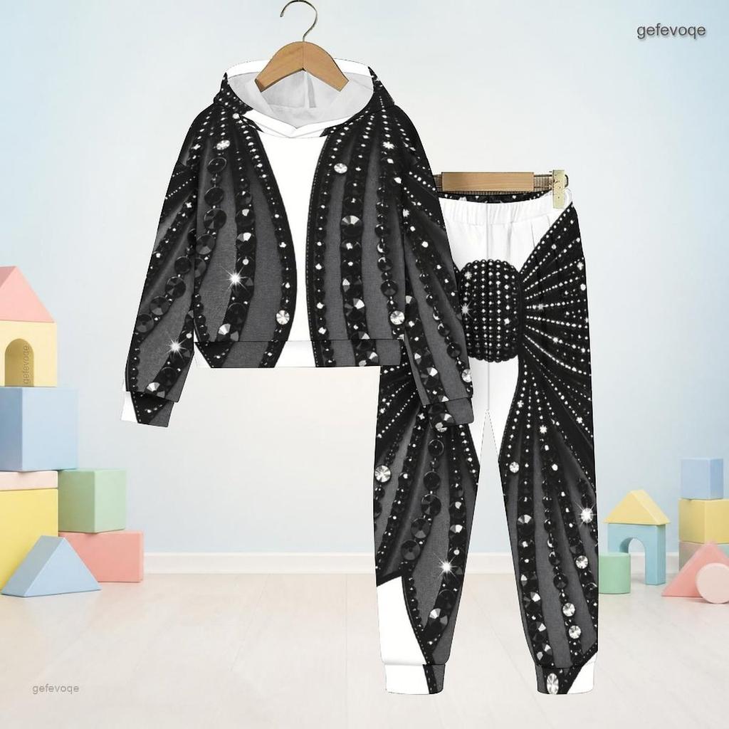 Kids Boys Girls Black Printed Tree Floral Hooded Long Sleeve Sweatshirt Cuffed Pants Two Piece Set