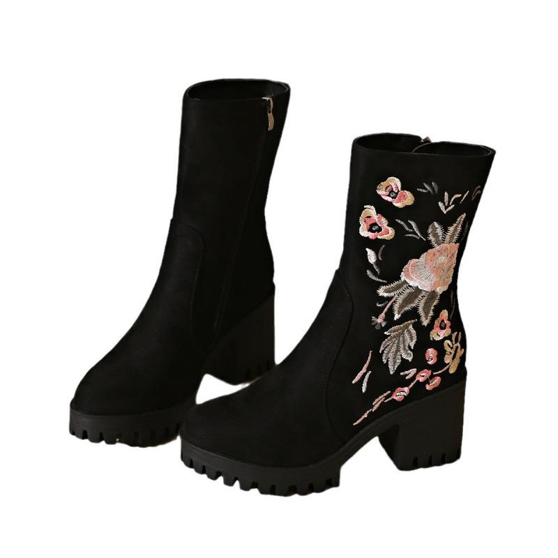 Autumn Embroidery Mid-heel Fashion Boots Temperament Thick Heel Large Size European and American Thick-soled Suede Mid-tube Boots