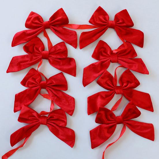 Christmas Velvet Bow Garland Decoration Pre-Strung Red White Ball Ornament Home Office Bedroom Xmas Tree Mantel Fireplace Shelf Indoor Holiday Decor