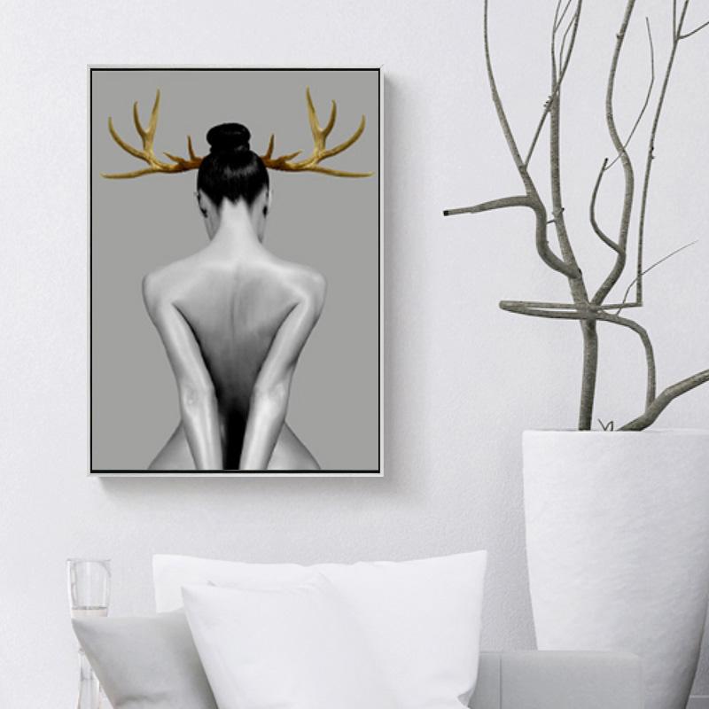 Nordic Modern Sexy Nude Woman Golden Deer Canvas Painting Naked Portrait Wall Art Picture for Living Room Home Decor Cuadros