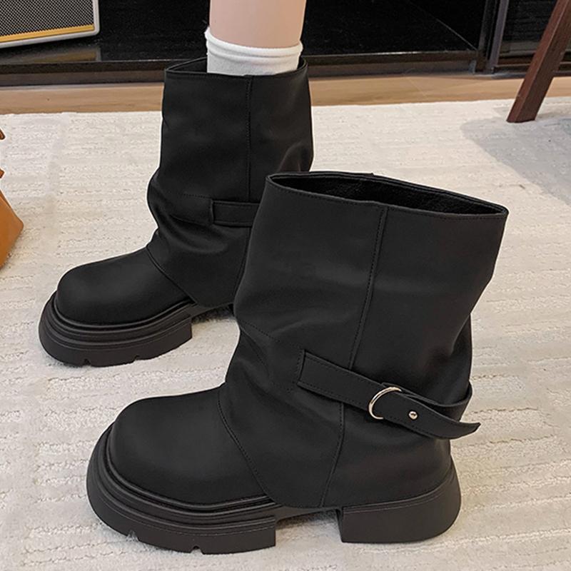Women Mid Calf Boots Square Toe Elegant Shoes Winter High Heels Shoes Punk Retro Woman Botas  New Trend Cozy Botas De Mujer