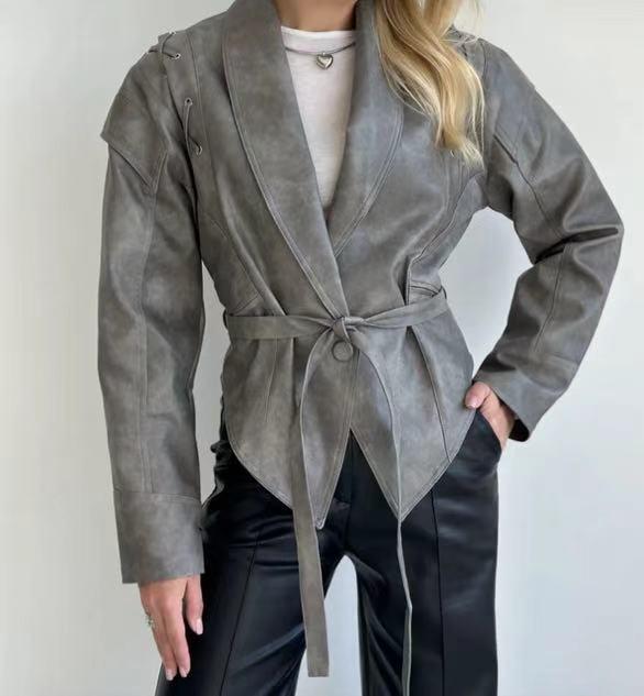 

2026 Autumn Retro Faux Leather Jacket with Tie Lapel S