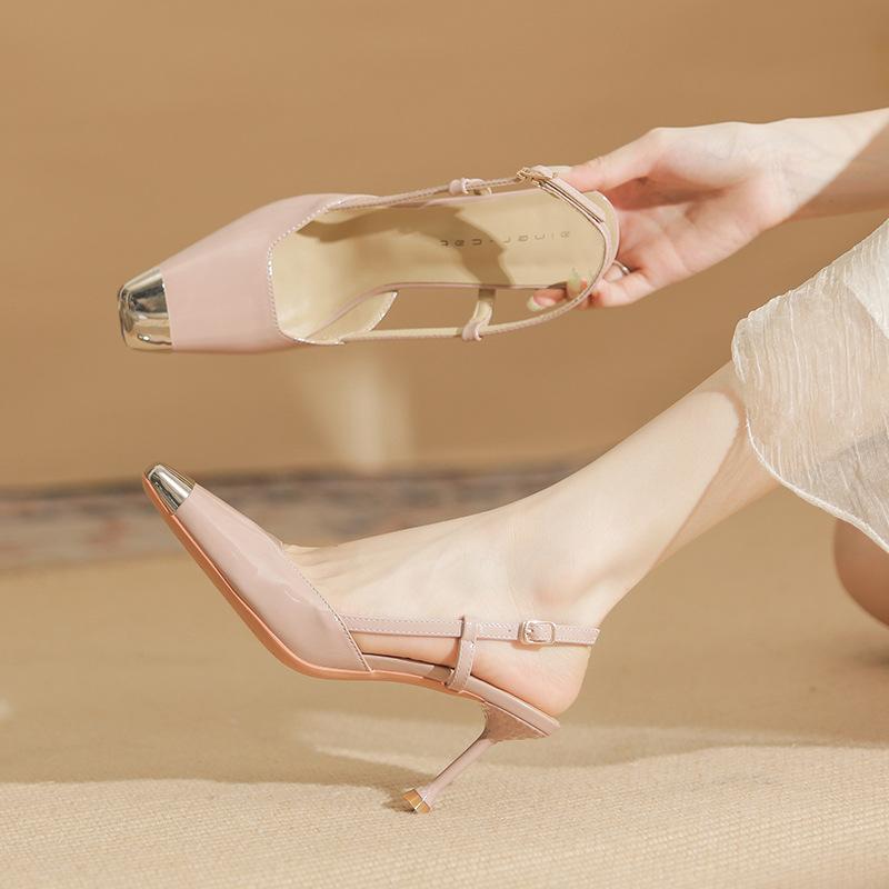 79903 [sheepskin] square head high heels women's 2025 summer new metal bag head thin heel one-word sandals