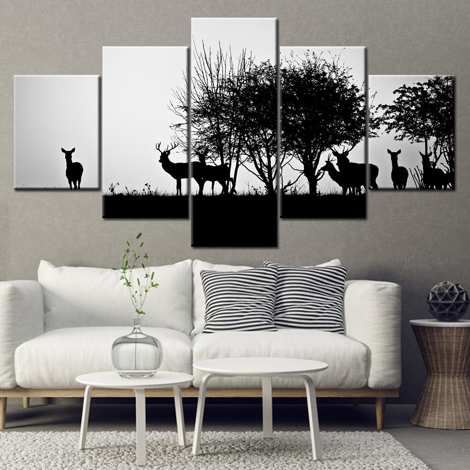 HD Prints Canvas Wall Art Home Decor Pictures 5 Pieces Black silhouette of a hunter and dog in the forest Posters