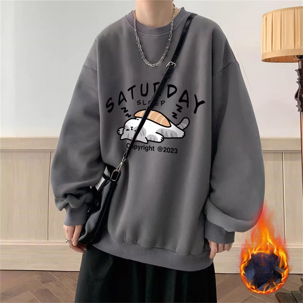 

Retro Japanese Trend Cartoon Printed Round Neck Sweater Men s Autumn and Winter Plus Velvet Loose 5XL