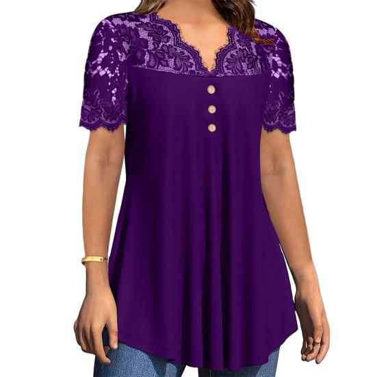 Women Tops Deep V Neckline Short Sleeve Pullover Lace Splicing Tops Pure Color Loose Hem Anti-Wrinkle