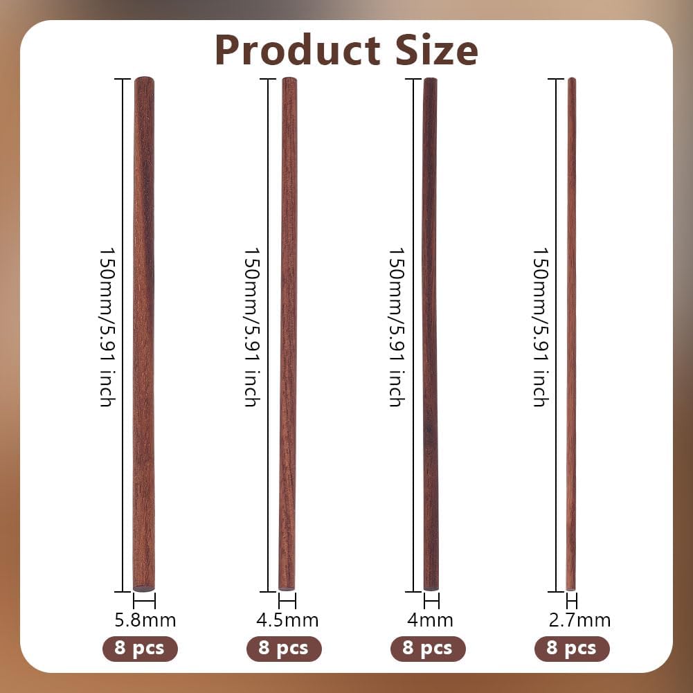 OLYCRFAT 32Pcs 4 Size Walnut Dowel Rods 6 Inch Long Dowel Rods Wood Sticks 2.7/4/4.5/5.8mm Dia Unfinished Round Sticks Wooden Carving Blocks for