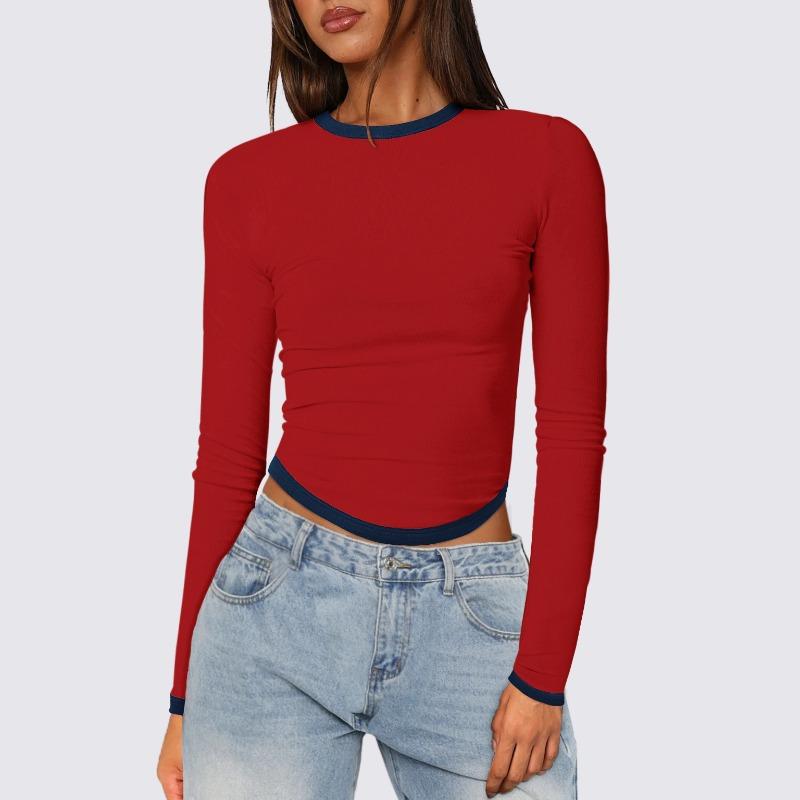 Damen Frühling und Sommer Neu Langärmlig Rundhals Slim Kontrastfarbe Kurz Geschnittene Pullover Tops