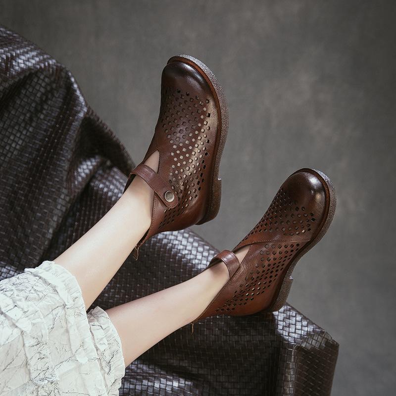2026 Summer New Forest Style British Hollow Out Ventilated Boots First Layer Cowhide Women Shoes