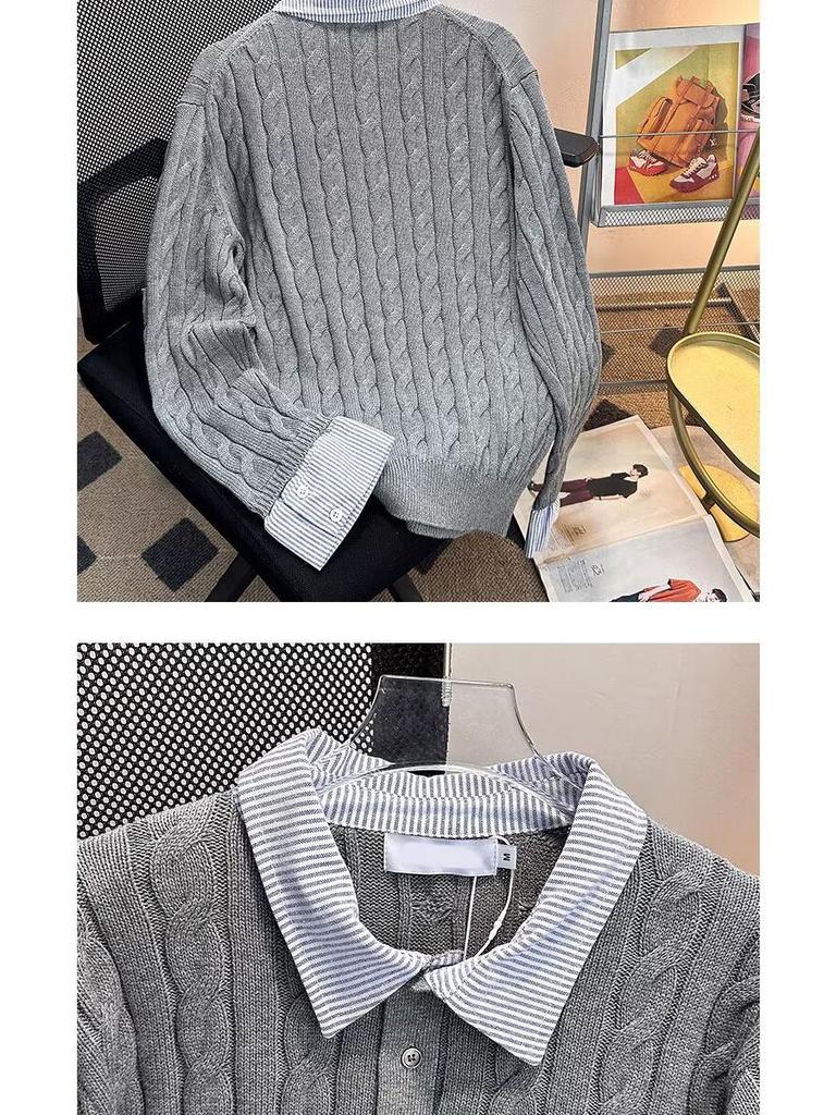 American Style Striped Cable Knit Polo Sweater - Men's Trendy Two-Piece Patchwork with Cleanfit Design