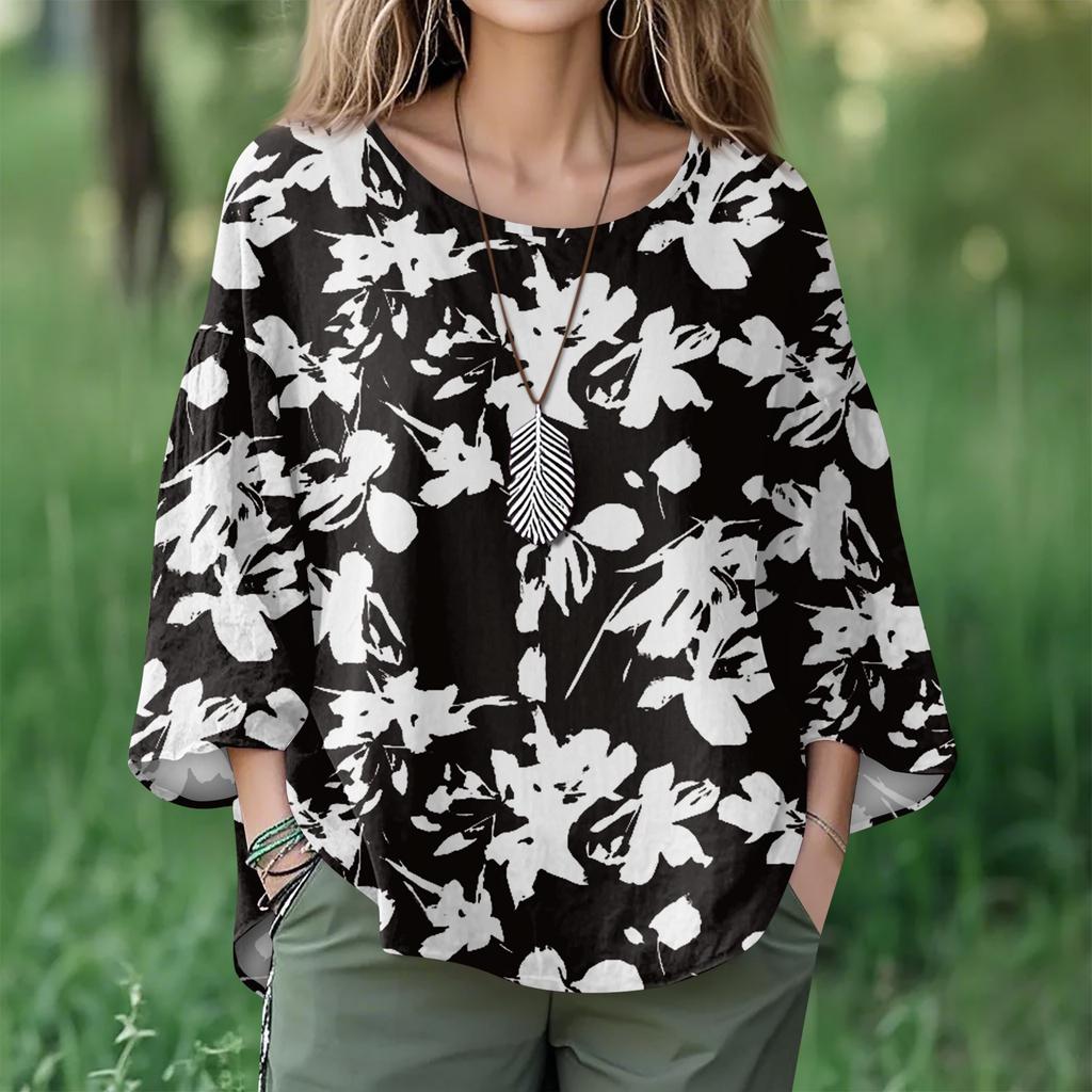 Summer Tops For Women Cute O Neck 3/4 Sleeve Blouses Floral Print Top Casual Shirts