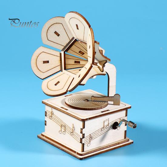 1 Sada DIY Retro Gramofon Model Kit Ručně vyráběné Dřevěné Puzzle Ručně poháněný Fonograf Stavebnice Řemesla Gramofon STEM Projekt Dětská Vzdělávací Hračka