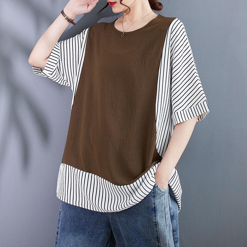 Women s Crew Neck Three Quarter Batwing Top Loose Fit Color Block Striped Blouse L