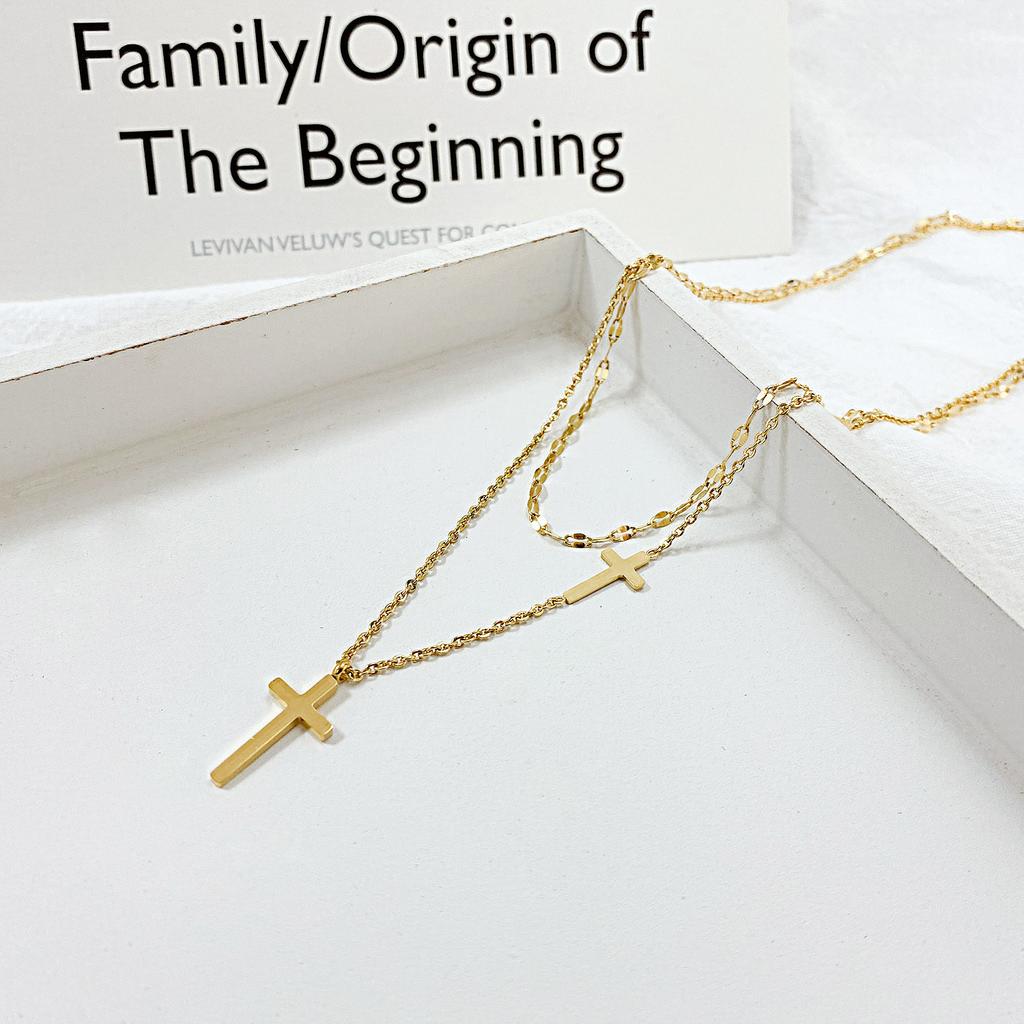 Fashion Double Titanium Steel Necklace Trend Stacked Stainless Steel Cross Necklace