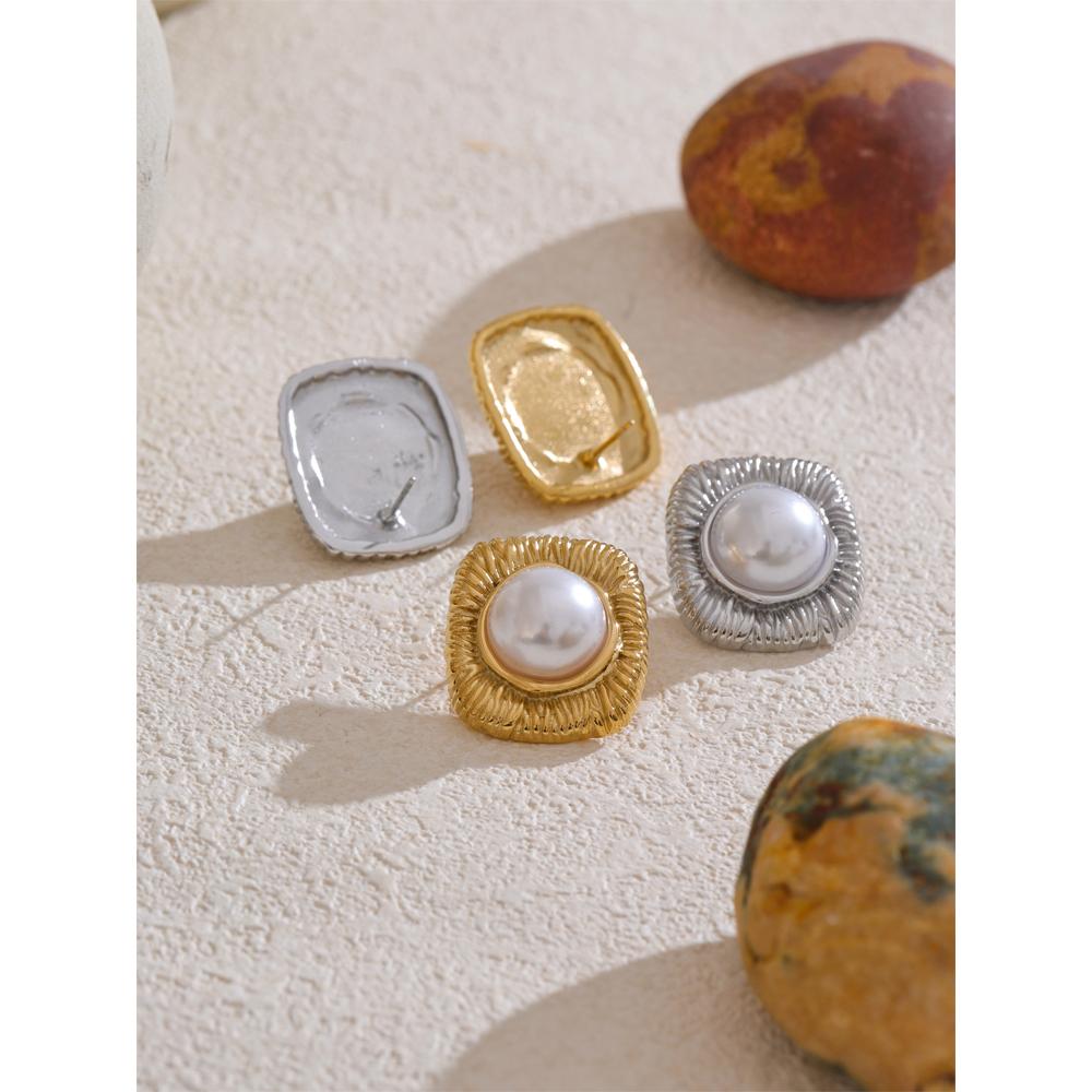 Yhpup Vintage Simulated Pearls Stainless Steel Metal Square Stud Earrings for Women Trendy Fashion Jewelry Anti Allergic