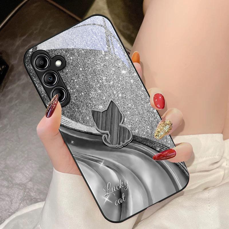 Sparkling Diamond Cat For Samsung Galaxy A14 4G 20 30 52 20S 21S 22 A32 33 34 42 50 51 53 54 70 71 72 73 5G Glass Phone Case