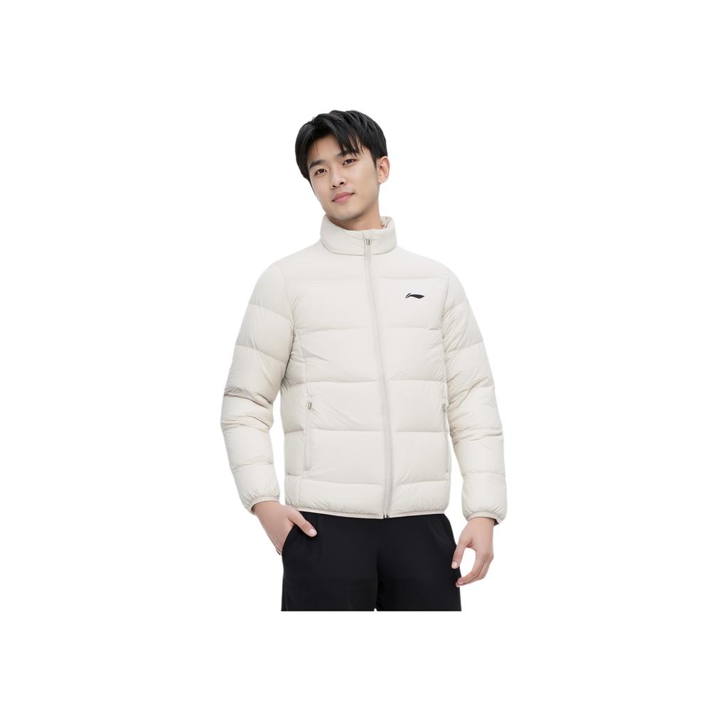 Li-Ning Comfortable Simple Versatile Solid Color Zipper Stand Collar Short Down Jacket Unisex Outerwear Gravel-White-Gray AYMV093-4