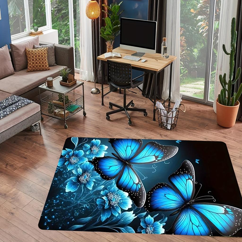 Blue Butterfly Flower Pattern Flannel-printed Floor Mats Are Slip-resistant Suitable Living Room Bedroom Terrace Garden Carpets