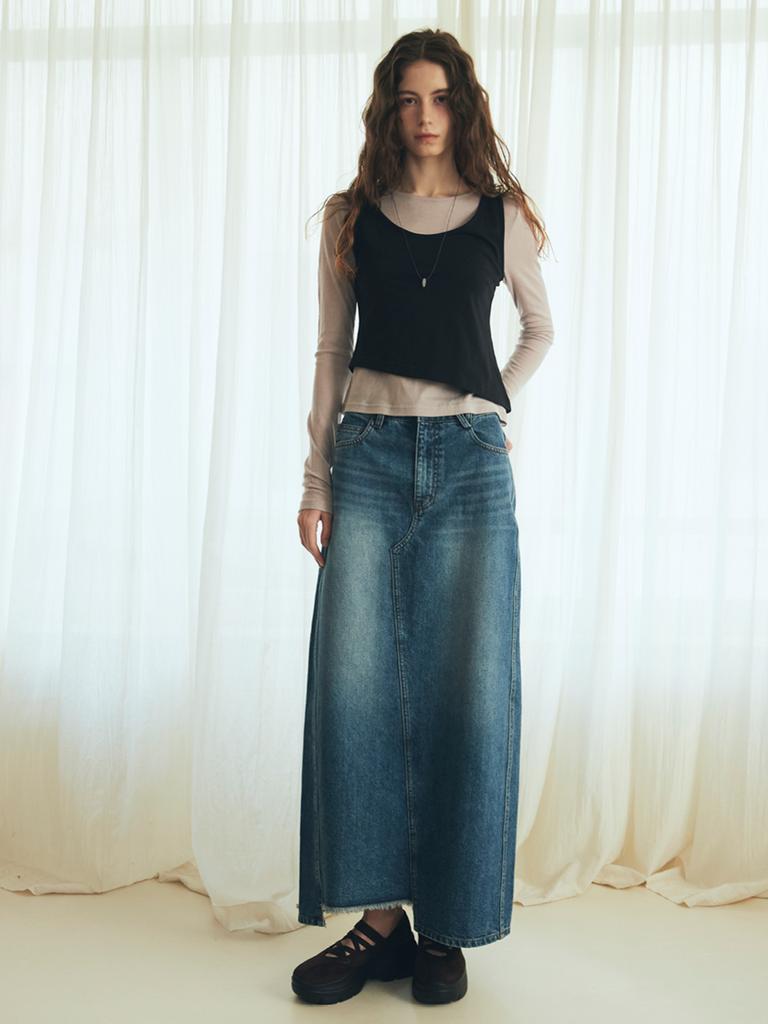 Oal Denim Column Long Skirt_Midium Blue