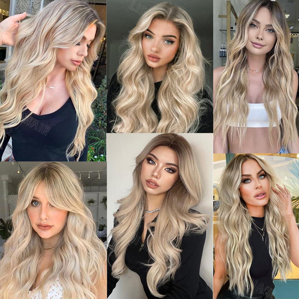 MISSQUEEN Long Wavy Blonde Wigs For Women Middle Part Synthetic Wig Natural Looking Heat Resistant Fiber Wigs