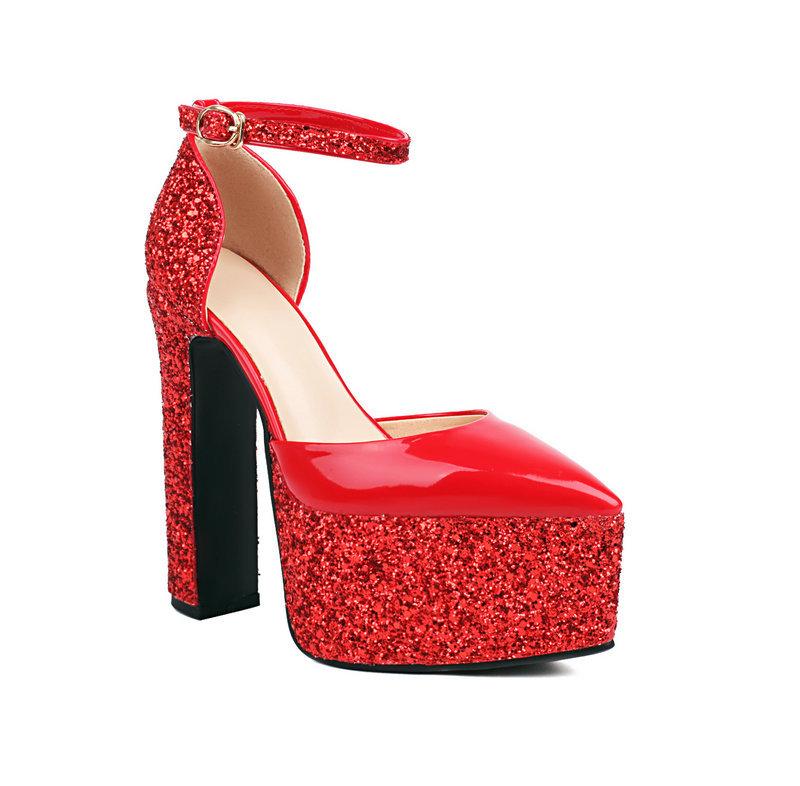 Sandales à talons épais à paillettes pour femmes, chaussures d'été imperméables à boucle unique, talons super hauts de 15 cm