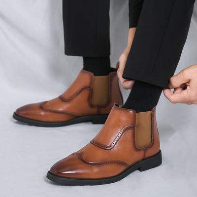 New Brand Designer Winter Pointed Leather Chelsea Brogues Ankle Boots For Men's High Tops Black Brown Shoes Zapatos Hombre