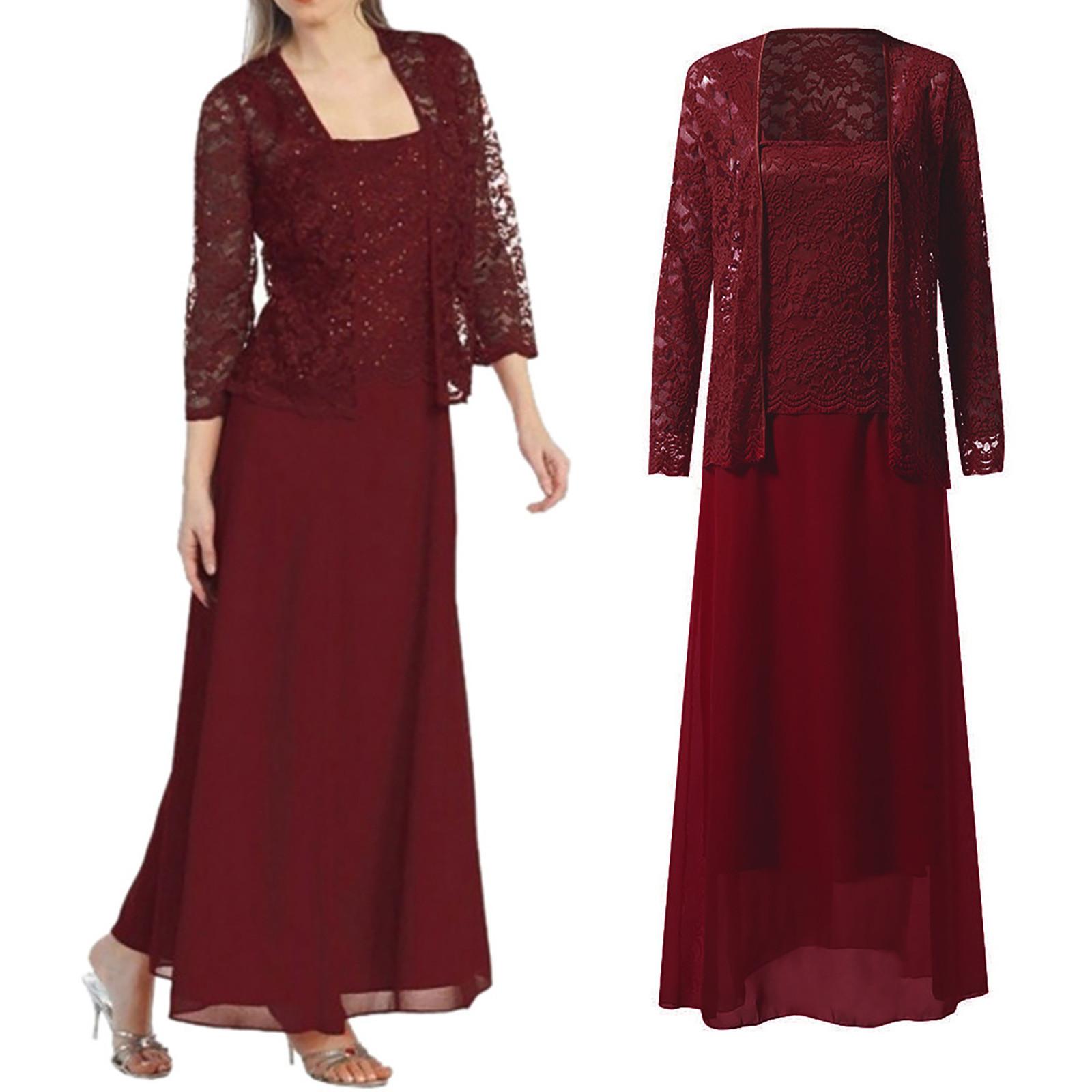 

Women Plus Size Hollow Out Lace Patchwork Loose Hem Casual Long Dress XL винний