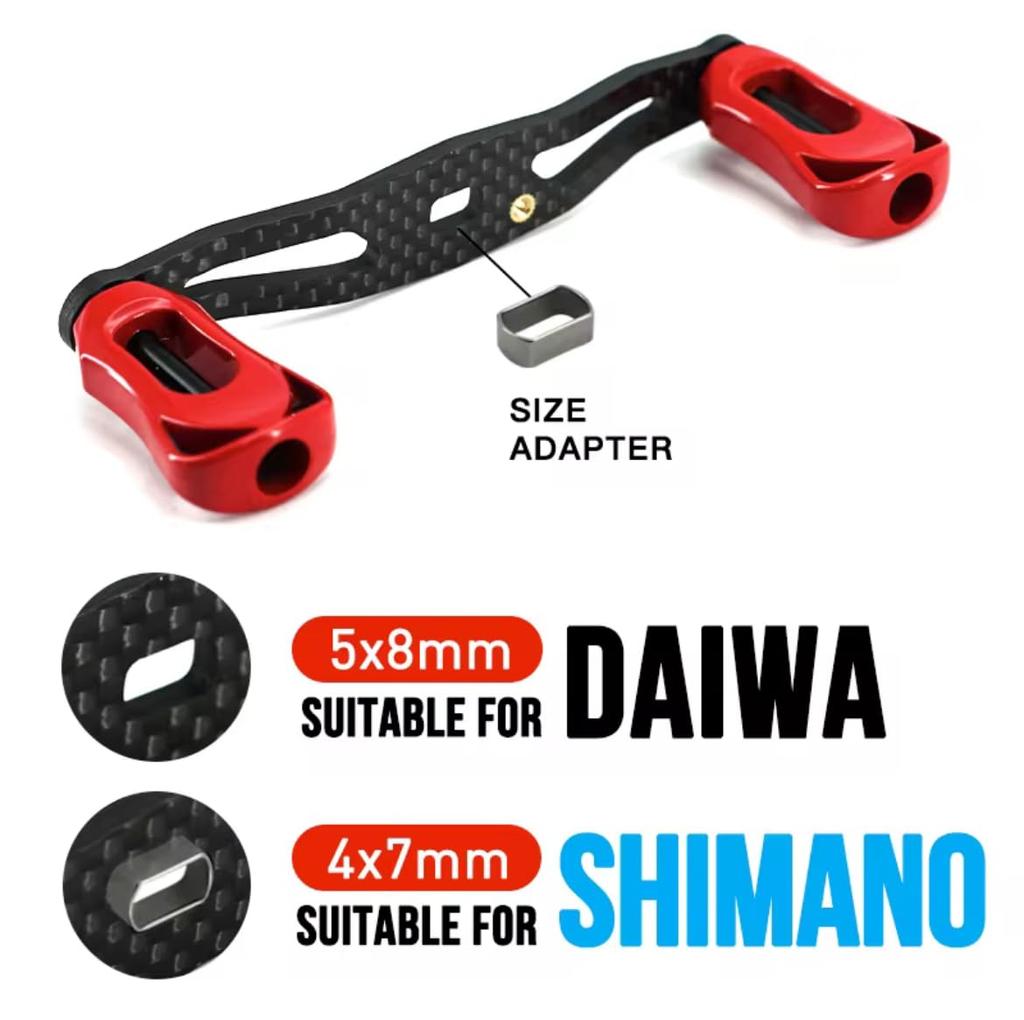 Shimano Carbon Reel Handle for 95mm Baitcasting Reels with Full and Abu Garcia Custom Replacement Parts Bearings, Daiwa, Shimano, (Red)
