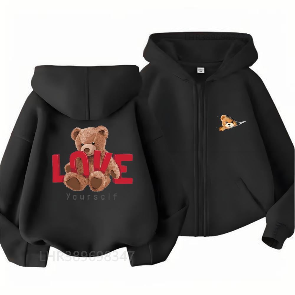 Children Zipper Hoodies Tops little bear Print Boy Black Girls Pink Sweatshirt Coat Long Sleeve Casual Cardigan Hooded