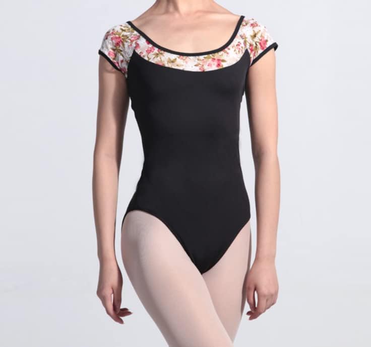 ProDance Ballet Leotard In and Light Blue with Floral Half PLHA015B Women's White, Black, Print, Cup, (L(165), Black)