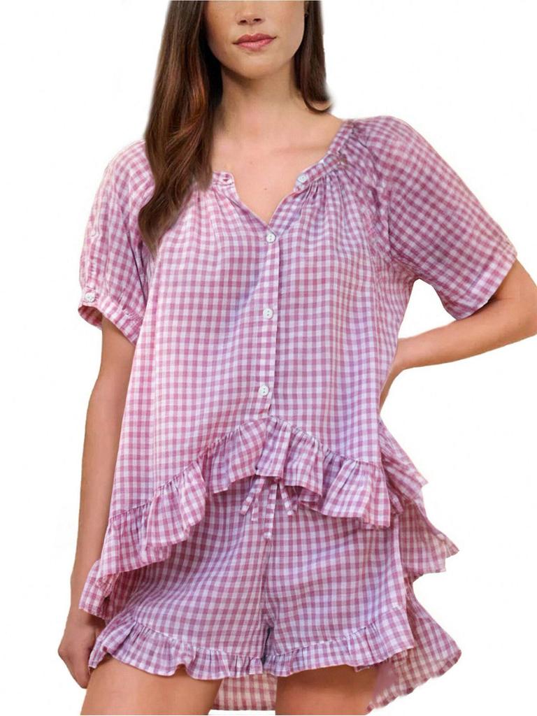 Cross-border European & American Ruffle Button Short Sleeve Top + Plaid Pants Pajama Set