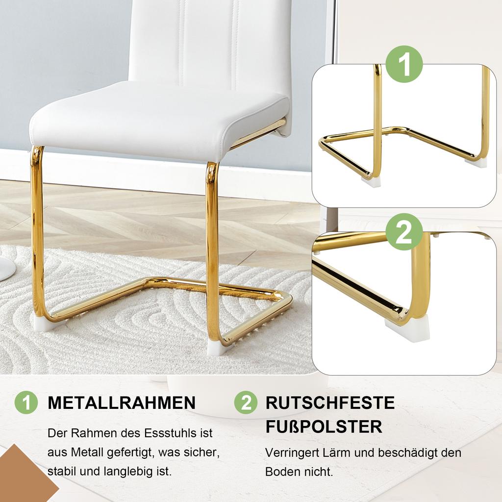 White Dining Chair made of PU Leather, Stable Metal Frame with Gold Look – Elegant Chair for Dining Room & Living Room