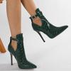 Retro Dámské Kotníkové Boty z Kůže se Vzorovaným Kamenem se Špičatou Špičkou, Francouzským Páskem s Přezkou, Štíhlým Vysokým Podpatkem, Moderní Obuv, Zelené Botines