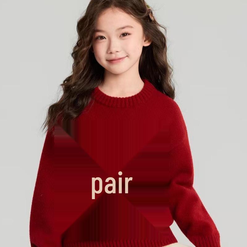 Girls' Winter Mink Velvet Butterfly Sweater - New Year Red Knit Pullover 2026