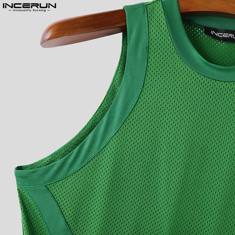 INCERUN Men Summer O Neck Sleeveless Patchwork Stretch Casual Sport Hollow Tank Tops